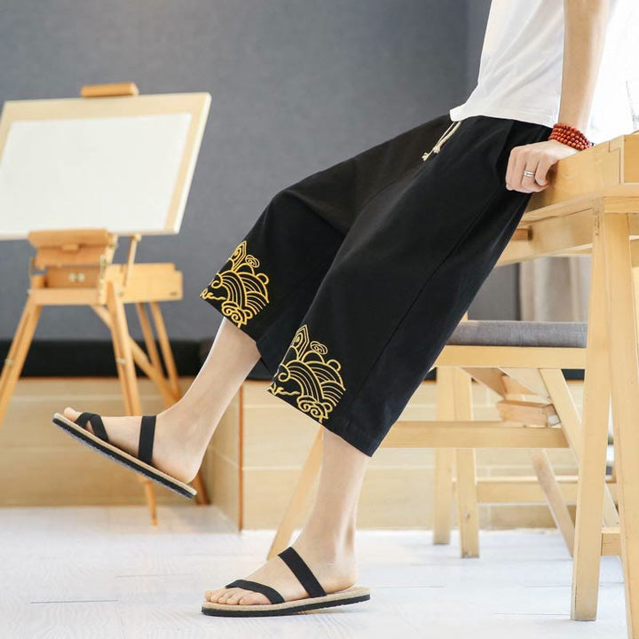 Buddha Stones Spring Casual Embroidery Drawstring Men's 7-8 Length Cotton Linen Harem Pants With Pockets