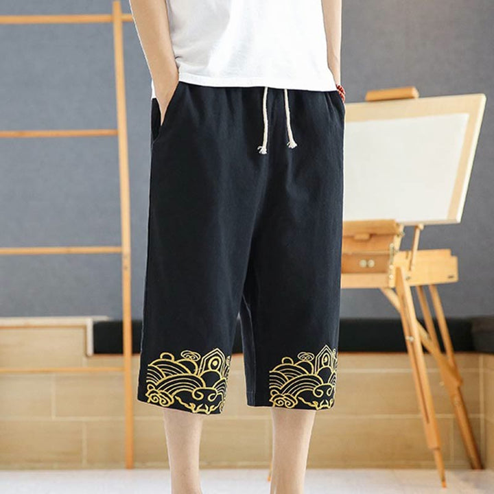 Buddha Stones Spring Casual Embroidery Drawstring Men's 7-8 Length Cotton Linen Harem Pants With Pockets