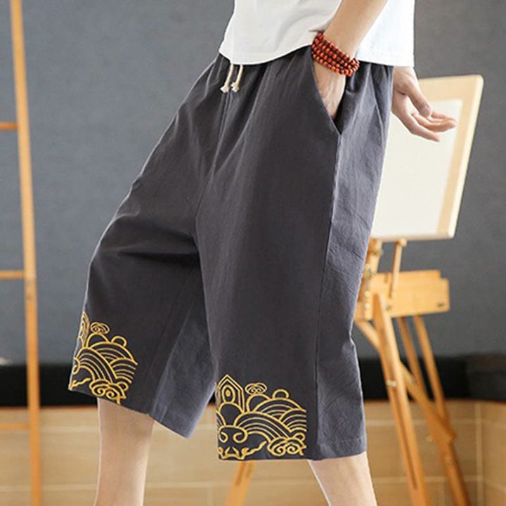 Buddha Stones Spring Casual Embroidery Drawstring Men's 7-8 Length Cotton Linen Harem Pants With Pockets