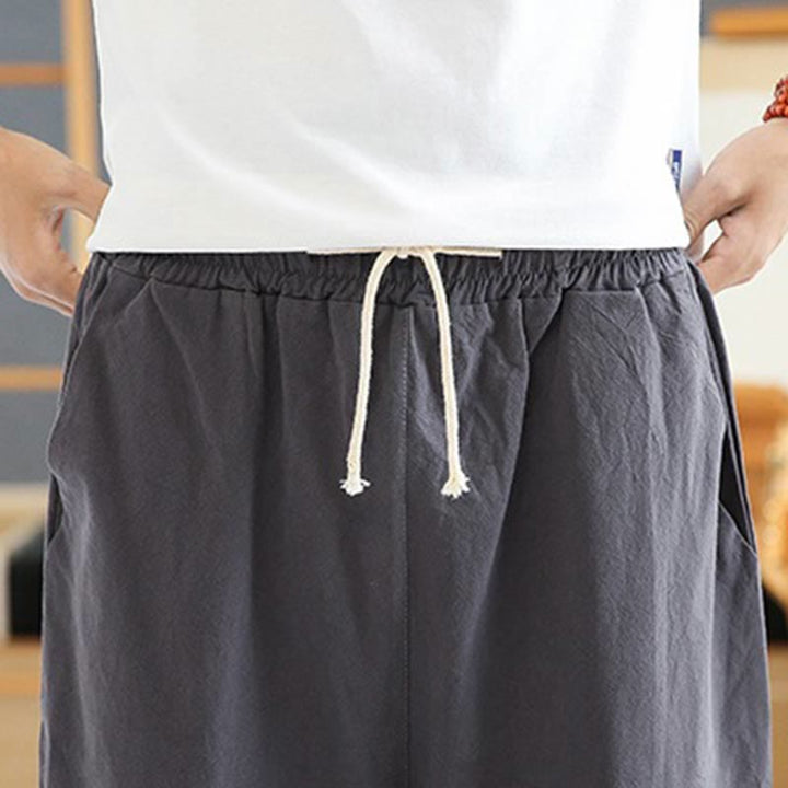Buddha Stones Spring Casual Embroidery Drawstring Men's 7-8 Length Cotton Linen Harem Pants With Pockets
