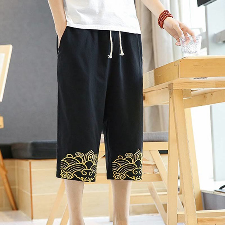 Buddha Stones Spring Casual Embroidery Drawstring Men's 7-8 Length Cotton Linen Harem Pants With Pockets