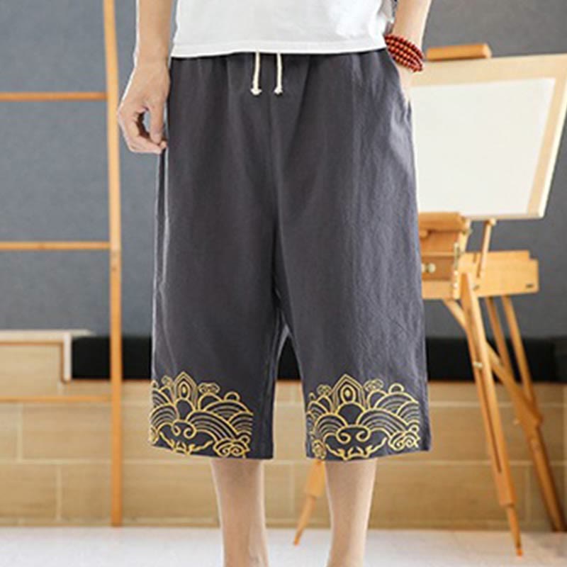 Buddha Stones Spring Casual Embroidery Drawstring Men's 7-8 Length Cotton Linen Harem Pants With Pockets