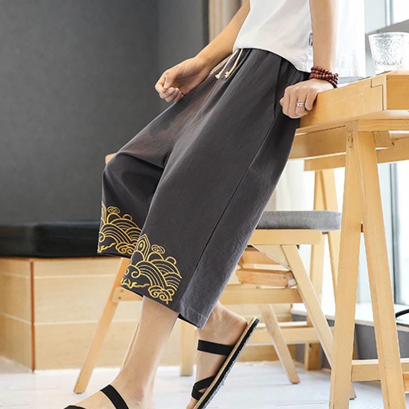 Buddha Stones Spring Casual Embroidery Drawstring Men's 7-8 Length Cotton Linen Harem Pants With Pockets