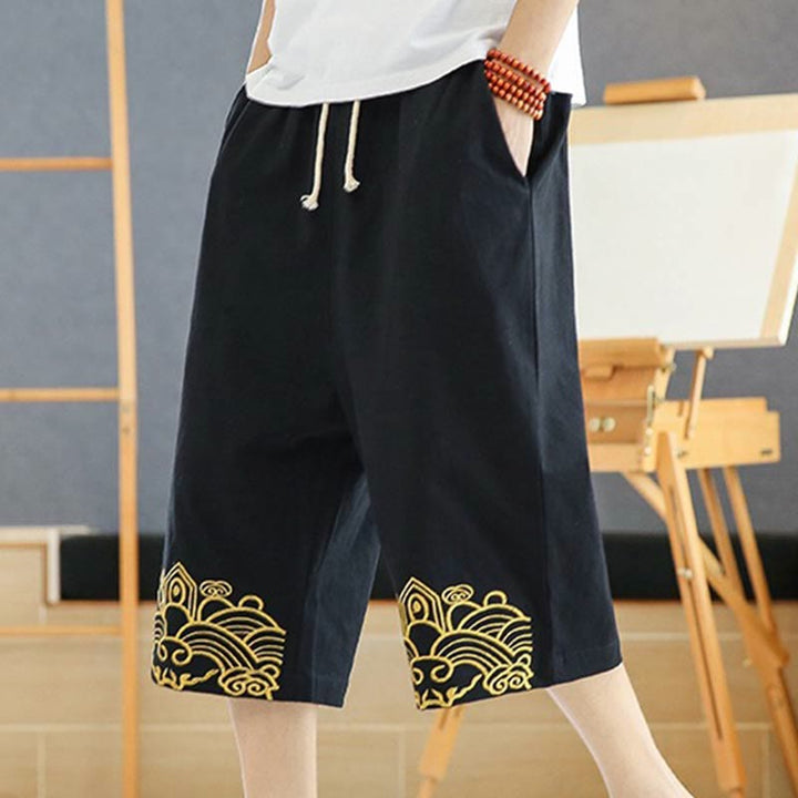 Buddha Stones Spring Casual Embroidery Drawstring Men's 7-8 Length Cotton Linen Harem Pants With Pockets