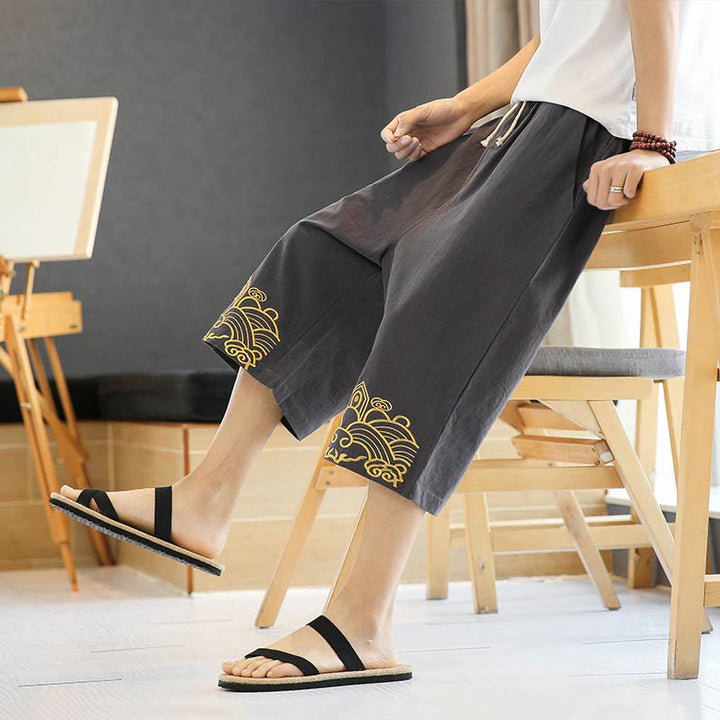 Buddha Stones Spring Casual Embroidery Drawstring Men's 7-8 Length Cotton Linen Harem Pants With Pockets
