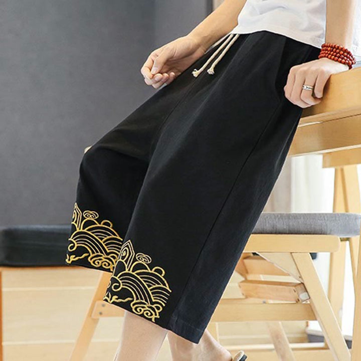 Buddha Stones Spring Casual Embroidery Drawstring Men's 7-8 Length Cotton Linen Harem Pants With Pockets