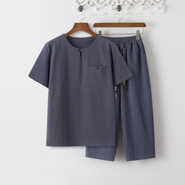 Buddha Stones Summer 2Pcs Plain Crew Neck T-Shirt Drawstring 7-8 Length Pants Cotton Linen Tang Suit Men's Meditation Cloth Set With Pockets