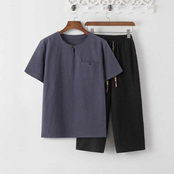 Buddha Stones Summer 2Pcs Plain Crew Neck T-Shirt Drawstring 7-8 Length Pants Cotton Linen Tang Suit Men's Meditation Cloth Set With Pockets