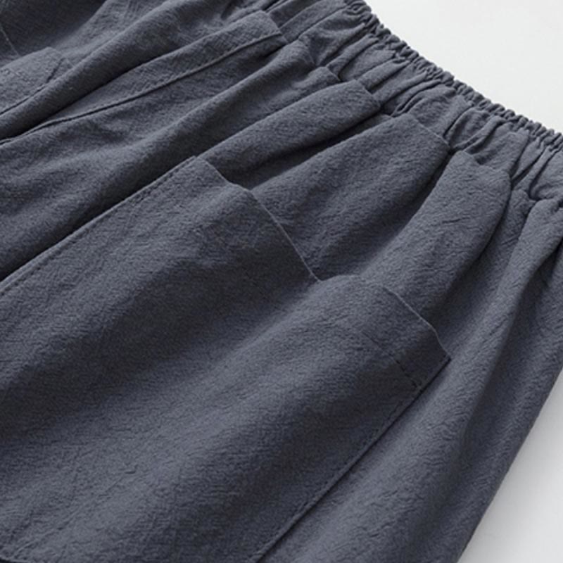 Buddha Stones Summer 2Pcs Plain Short Sleeve T-Shirt 7-8 Length Pants Cotton Linen Tang Suit Men's Meditation Cloth Set With Pockets - image 8