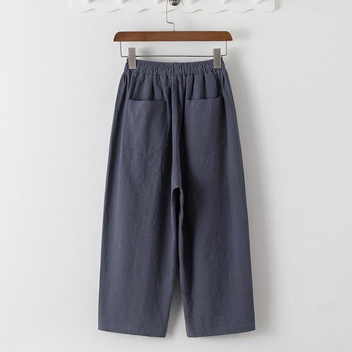 Buddha Stones Summer 2Pcs Plain Crew Neck T-Shirt Drawstring 7-8 Length Pants Cotton Linen Tang Suit Men's Meditation Cloth Set With Pockets
