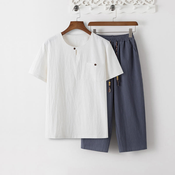 Buddha Stones Summer 2Pcs Plain Crew Neck T-Shirt Drawstring 7-8 Length Pants Cotton Linen Tang Suit Men's Meditation Cloth Set With Pockets