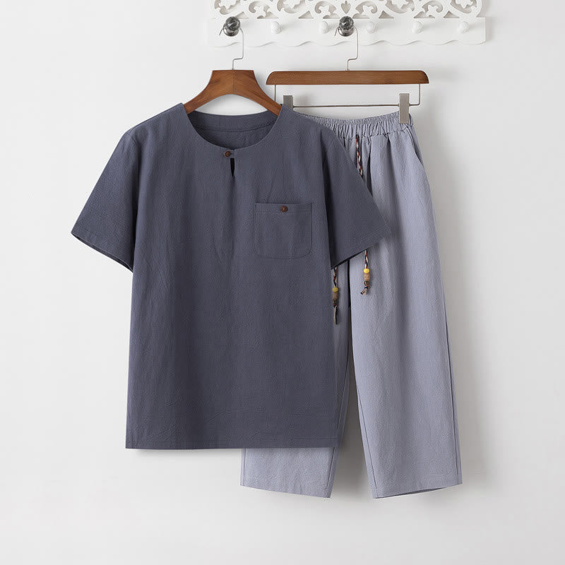 Buddha Stones Summer 2Pcs Plain Crew Neck T-Shirt Drawstring 7-8 Length Pants Cotton Linen Tang Suit Men's Meditation Cloth Set With Pockets