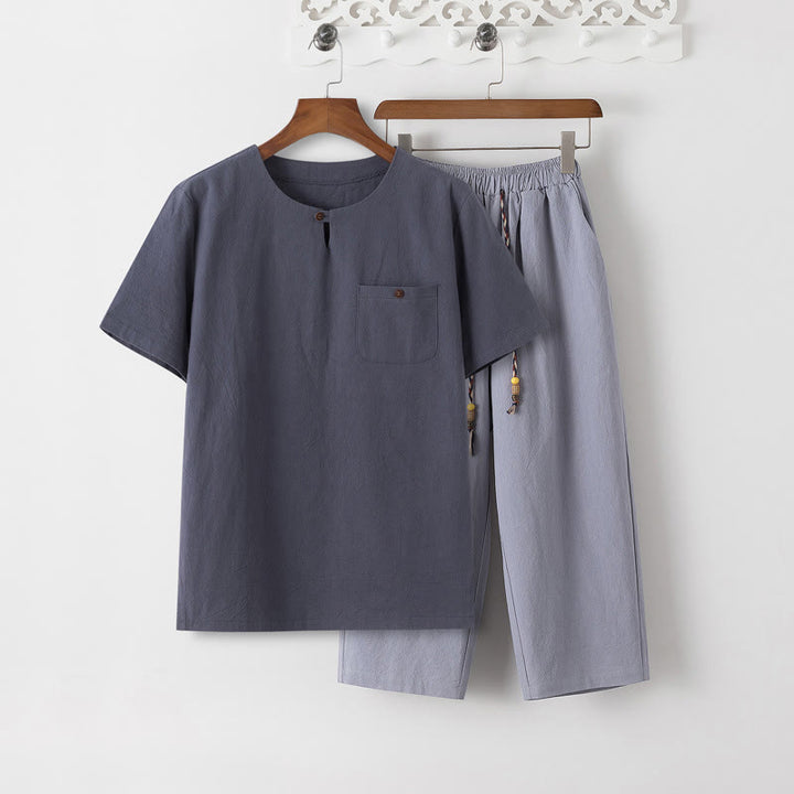 Buddha Stones Summer 2Pcs Plain Crew Neck T-Shirt Drawstring 7-8 Length Pants Cotton Linen Tang Suit Men's Meditation Cloth Set With Pockets