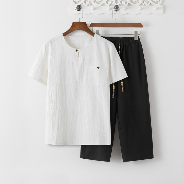 Buddha Stones Summer 2Pcs Plain Crew Neck T-Shirt Drawstring 7-8 Length Pants Cotton Linen Tang Suit Men's Meditation Cloth Set With Pockets