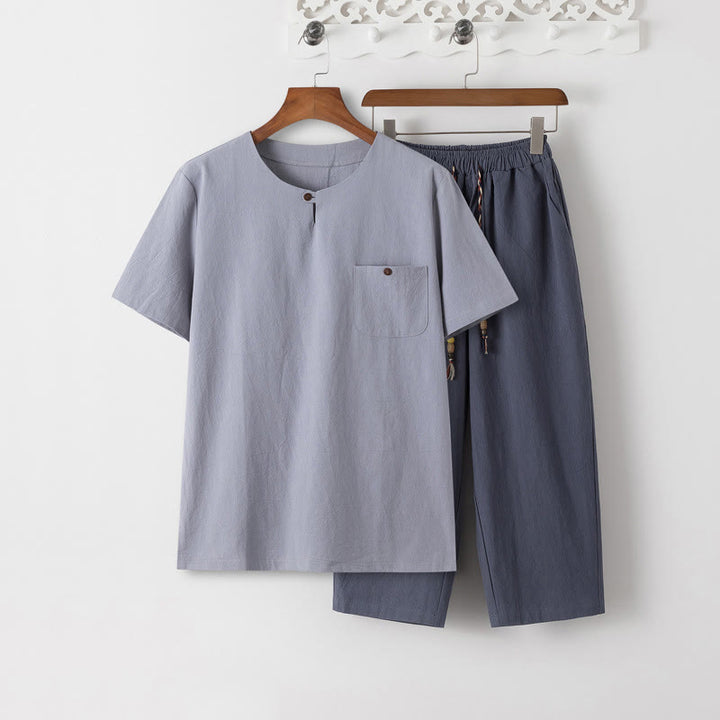 Buddha Stones Summer 2Pcs Plain Crew Neck T-Shirt Drawstring 7-8 Length Pants Cotton Linen Tang Suit Men's Meditation Cloth Set With Pockets