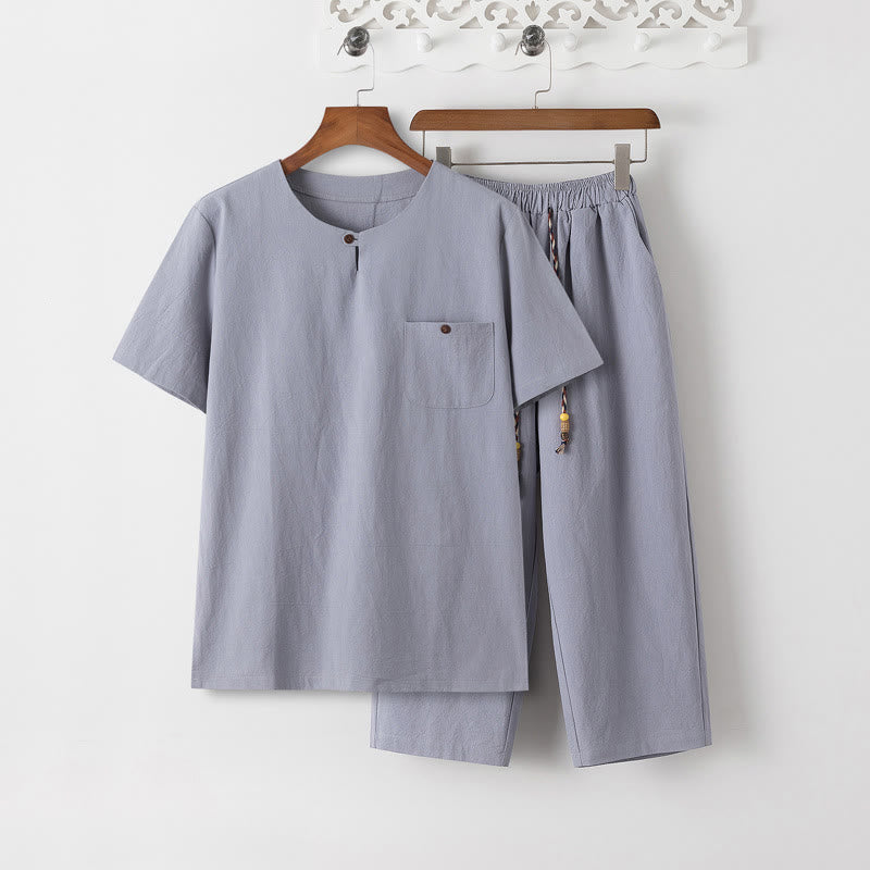 Buddha Stones Summer 2Pcs Plain Crew Neck T-Shirt Drawstring 7-8 Length Pants Cotton Linen Tang Suit Men's Meditation Cloth Set With Pockets