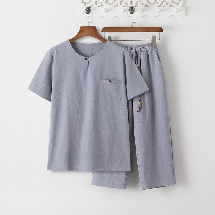 Buddha Stones Summer 2Pcs Plain Crew Neck T-Shirt Drawstring 7-8 Length Pants Cotton Linen Tang Suit Men's Meditation Cloth Set With Pockets
