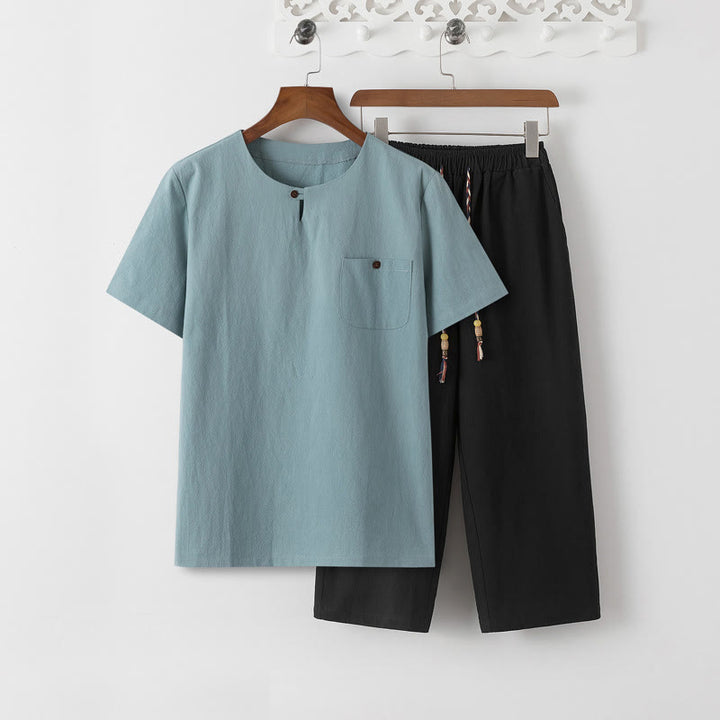 Buddha Stones Summer 2Pcs Plain Crew Neck T-Shirt Drawstring 7-8 Length Pants Cotton Linen Tang Suit Men's Meditation Cloth Set With Pockets