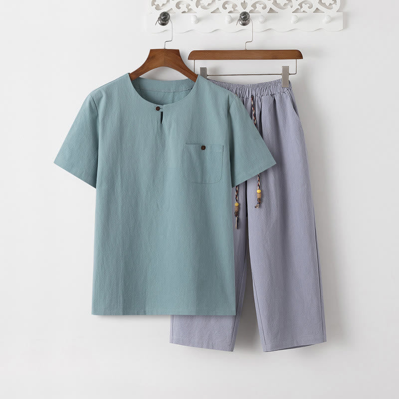 Buddha Stones Summer 2Pcs Plain Crew Neck T-Shirt Drawstring 7-8 Length Pants Cotton Linen Tang Suit Men's Meditation Cloth Set With Pockets