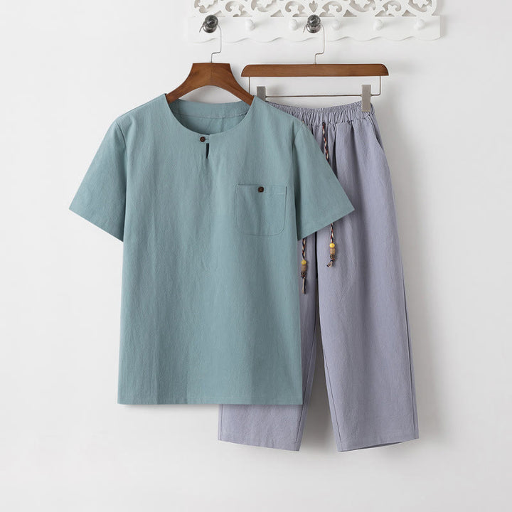 Buddha Stones Summer 2Pcs Plain Crew Neck T-Shirt Drawstring 7-8 Length Pants Cotton Linen Tang Suit Men's Meditation Cloth Set With Pockets