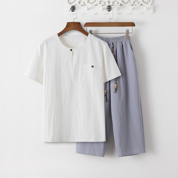Buddha Stones Summer 2Pcs Plain Crew Neck T-Shirt Drawstring 7-8 Length Pants Cotton Linen Tang Suit Men's Meditation Cloth Set With Pockets