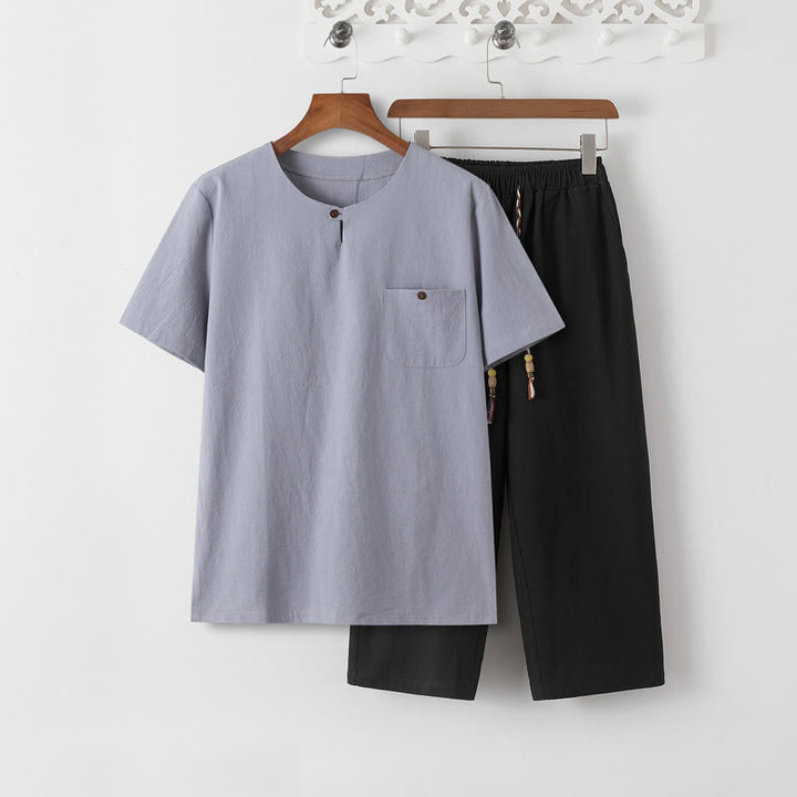 Buddha Stones Summer 2Pcs Plain Crew Neck T-Shirt Drawstring 7-8 Length Pants Cotton Linen Tang Suit Men's Meditation Cloth Set With Pockets