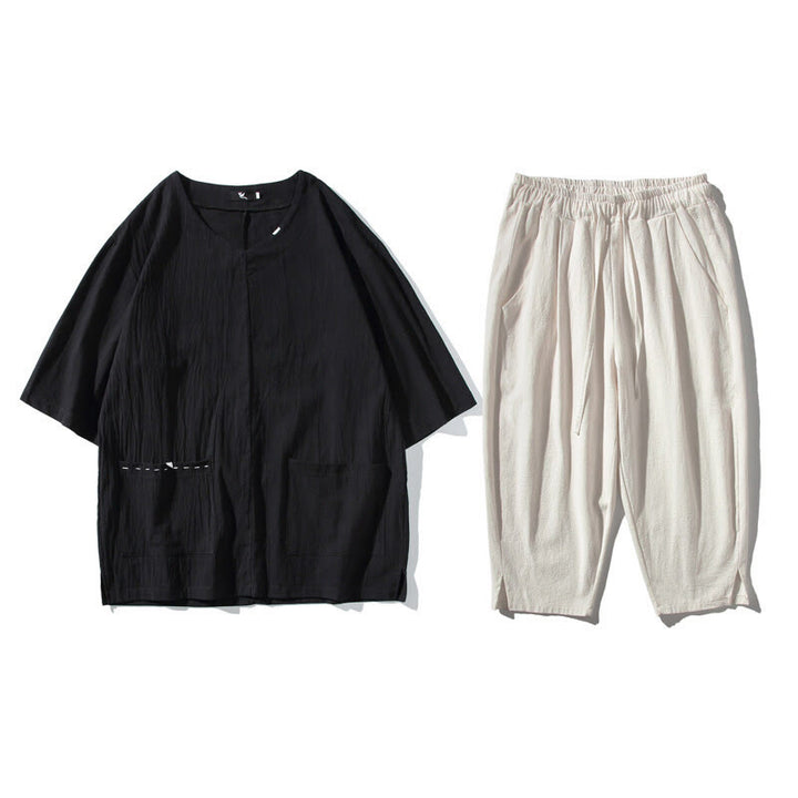 Buddha Stones Spring 2Pcs Solid Color V-Neck T-Shirt Drawstring 7-8 Length Pants Cotton Linen Men's Meditation Cloth Set With Pockets