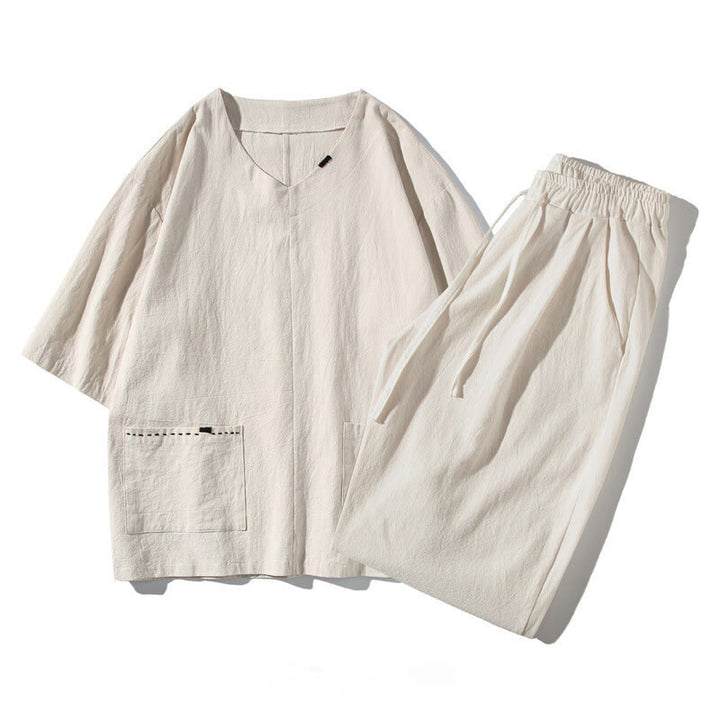 Buddha Stones Spring 2Pcs Solid Color V-Neck T-Shirt Drawstring 7-8 Length Pants Cotton Linen Men's Meditation Cloth Set With Pockets