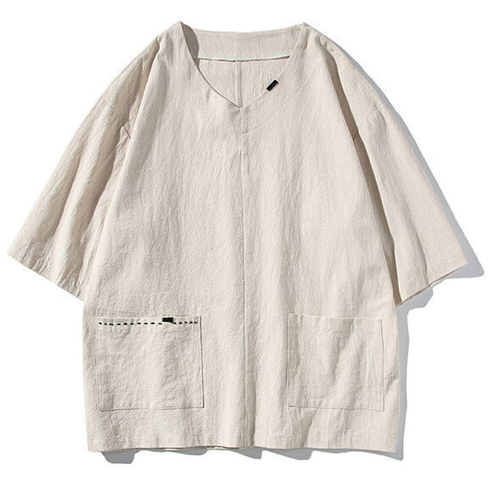 Buddha Stones Spring 2Pcs Solid Color V-Neck T-Shirt Drawstring 7-8 Length Pants Cotton Linen Men's Meditation Cloth Set With Pockets