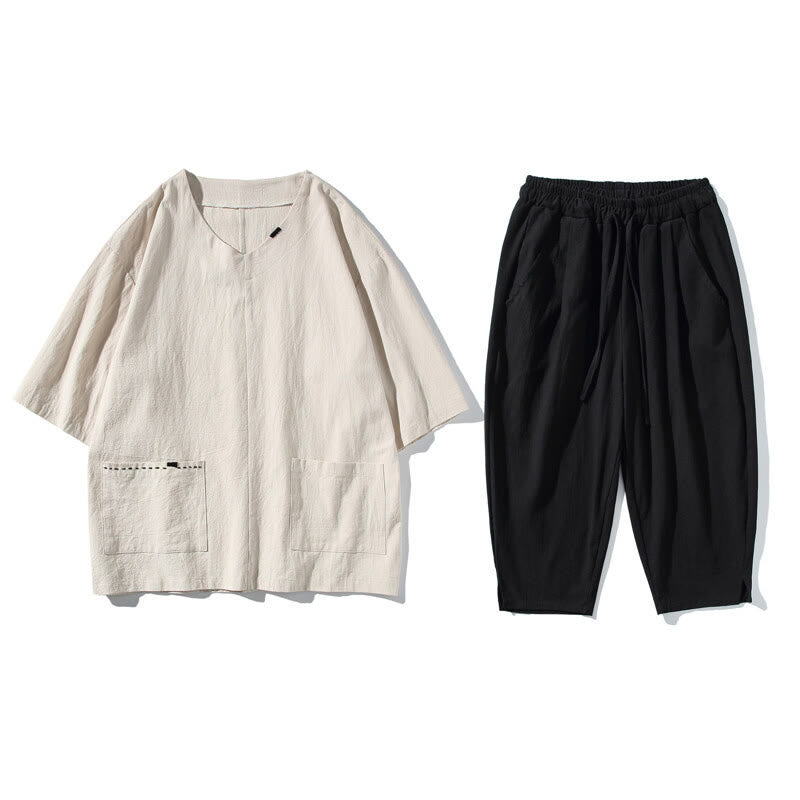Buddha Stones Spring 2Pcs Solid Color V-Neck T-Shirt Drawstring 7-8 Length Pants Cotton Linen Men's Meditation Cloth Set With Pockets
