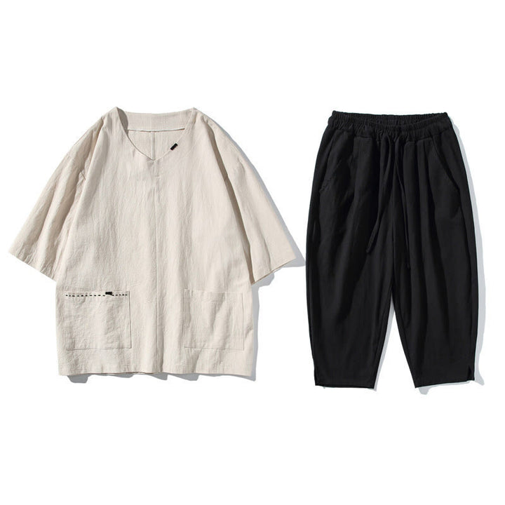 Buddha Stones Spring 2Pcs Solid Color V-Neck T-Shirt Drawstring 7-8 Length Pants Cotton Linen Men's Meditation Cloth Set With Pockets