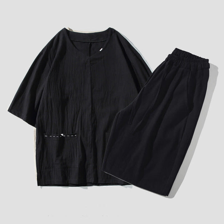 Buddha Stones Spring 2Pcs Solid Color V-Neck T-Shirt Drawstring 7-8 Length Pants Cotton Linen Men's Meditation Cloth Set With Pockets