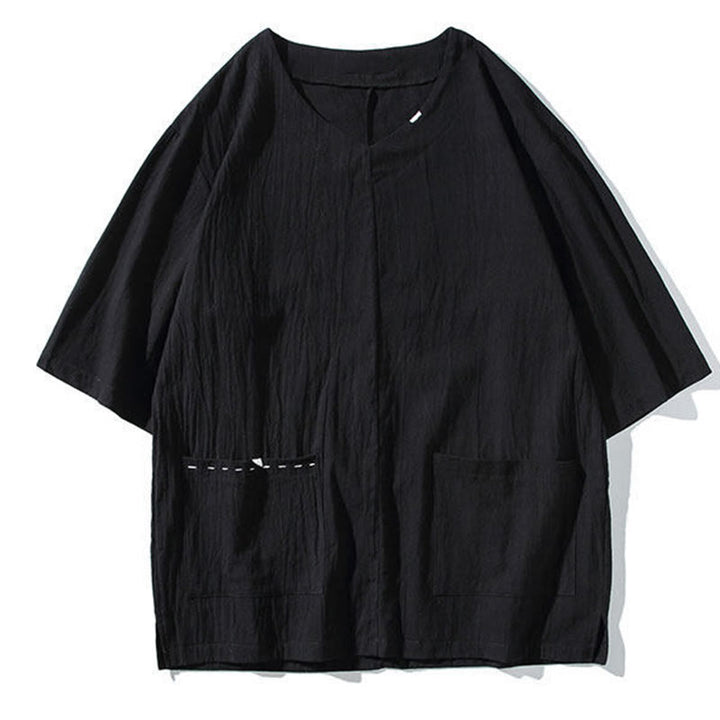 Buddha Stones Spring 2Pcs Solid Color V-Neck T-Shirt Drawstring 7-8 Length Pants Cotton Linen Men's Meditation Cloth Set With Pockets