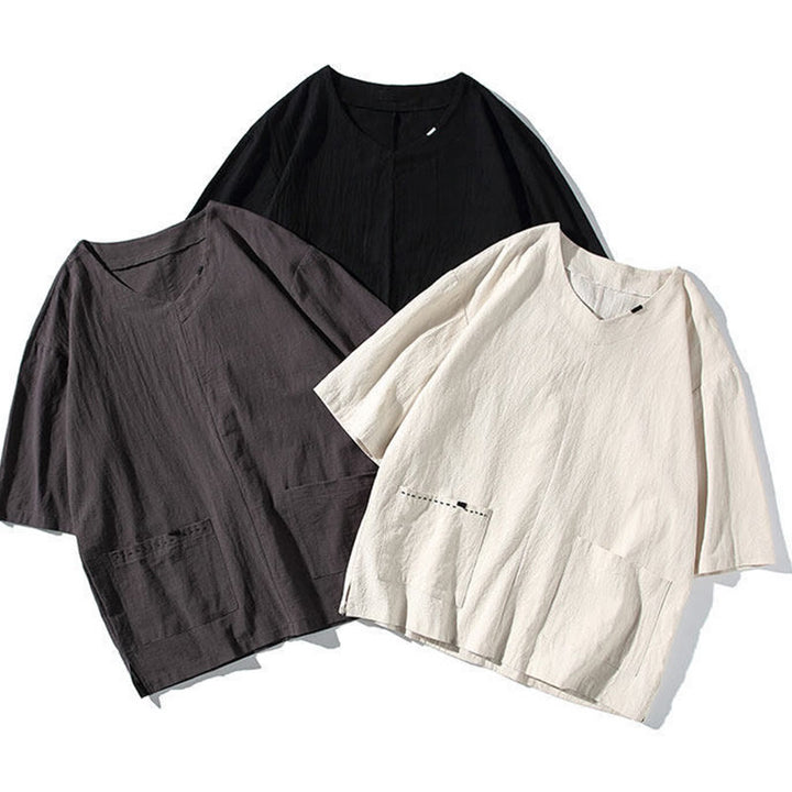 Buddha Stones Spring 2Pcs Solid Color V-Neck T-Shirt Drawstring 7-8 Length Pants Cotton Linen Men's Meditation Cloth Set With Pockets