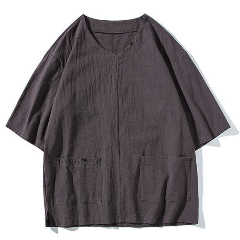 Buddha Stones Spring 2Pcs Solid Color V-Neck T-Shirt Drawstring 7-8 Length Pants Cotton Linen Men's Meditation Cloth Set With Pockets