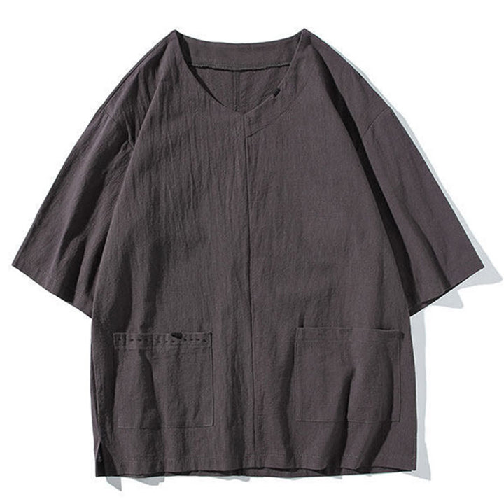 Buddha Stones Spring 2Pcs Solid Color V-Neck T-Shirt Drawstring 7-8 Length Pants Cotton Linen Men's Meditation Cloth Set With Pockets