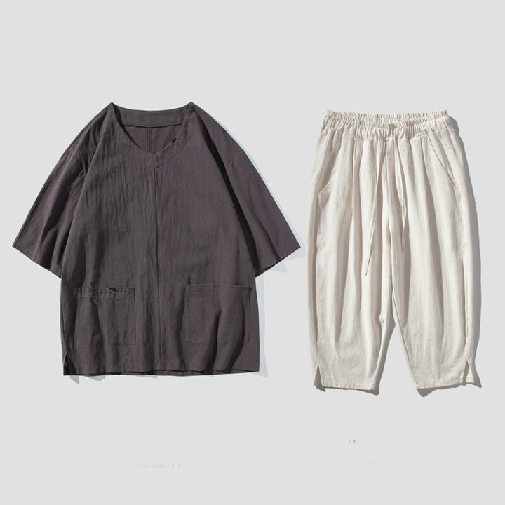 Buddha Stones Spring 2Pcs Solid Color V-Neck T-Shirt Drawstring 7-8 Length Pants Cotton Linen Men's Meditation Cloth Set With Pockets