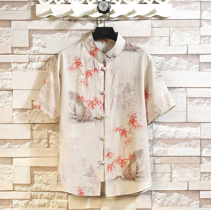 Buddha Stones Summer Bamboo Butterfly Pattern Frog-button Design Men's Shirt Jacket