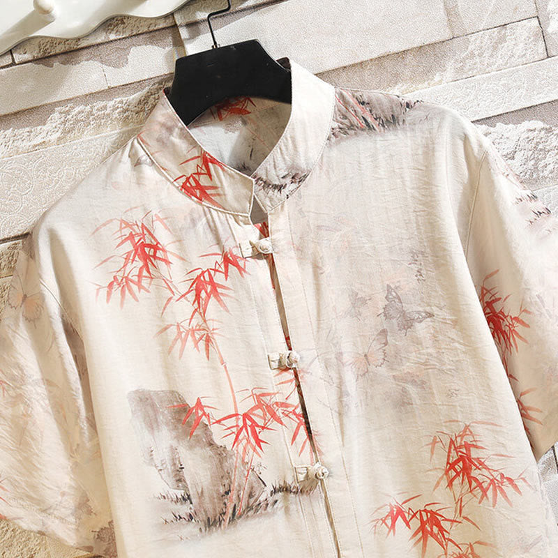 Buddha Stones Summer Bamboo Butterfly Pattern Short Sleeve Frog-button Design Men's Shirt Jacket - image 2