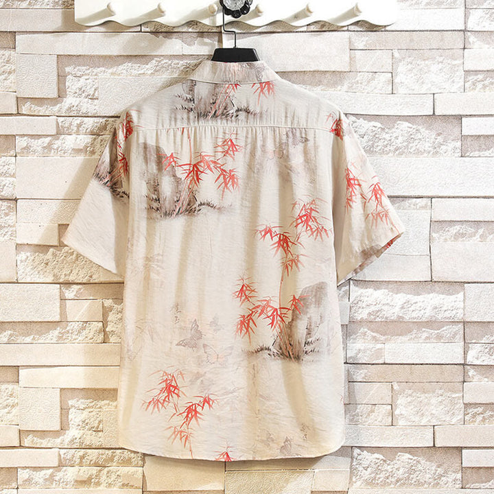 Buddha Stones Summer Bamboo Butterfly Pattern Frog-button Design Men's Shirt Jacket