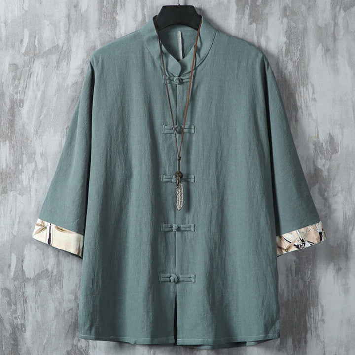 Buddha Stones Summer Plain Chinese Frog-button Patchwork Design Cotton Linen Men's Shirt Jacket