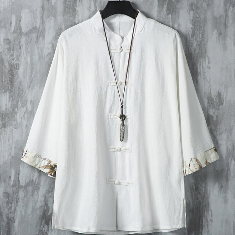 Buddha Stones Summer Plain Chinese Frog-button Patchwork Design Cotton Linen Men's Shirt Jacket