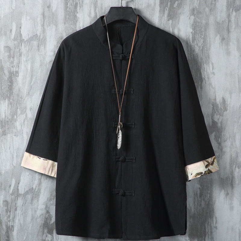 Buddha Stones Summer Plain Chinese Frog-button Patchwork Design Cotton Linen Men's Shirt Jacket