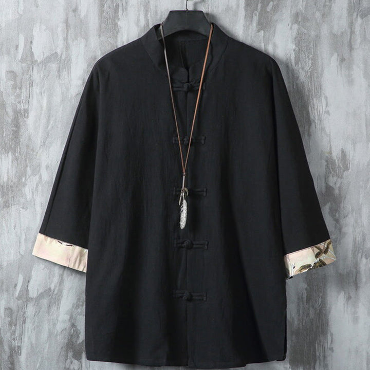 Buddha Stones Summer Plain Chinese Frog-button Patchwork Design Cotton Linen Men's Shirt Jacket