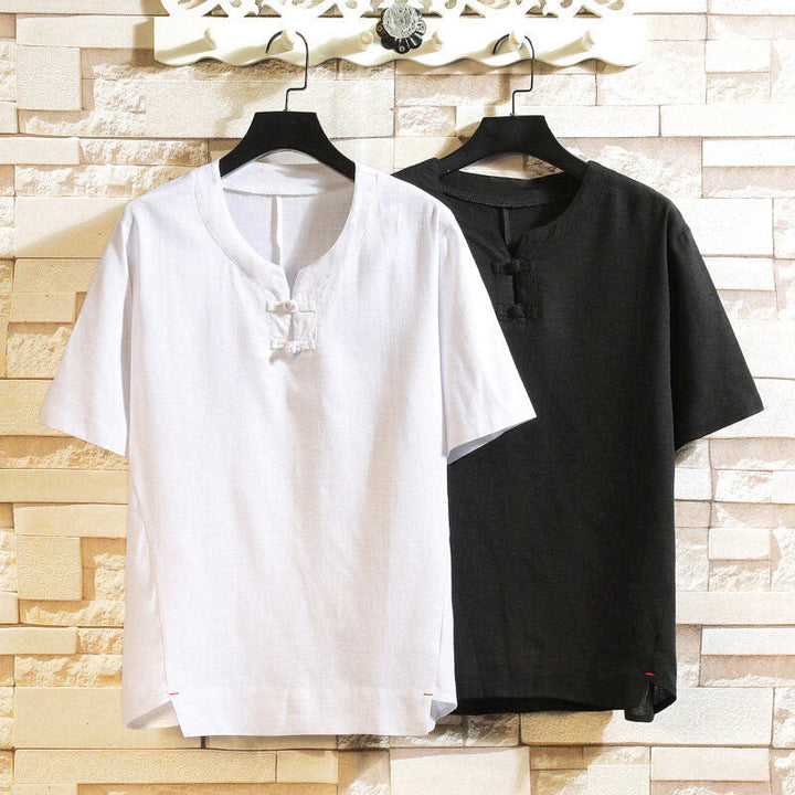 Buddha Stones Summer Chinese Frog-button Men's Solid Color Button Short Sleeve Cotton Linen Shirt