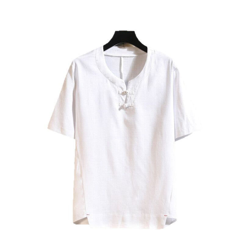 Buddha Stones Summer Chinese Frog-button Men's Solid Color Button Short Sleeve Cotton Linen Shirt