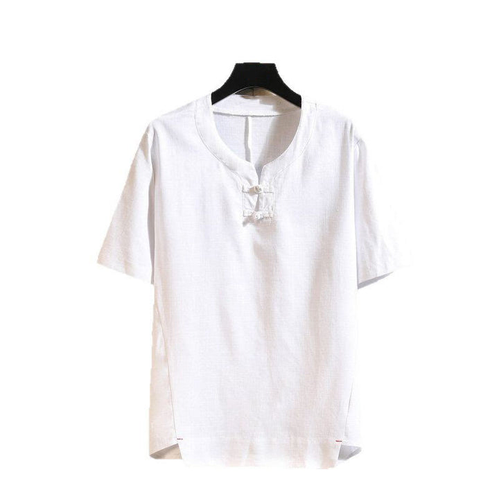Buddha Stones Summer Chinese Frog-button Men's Solid Color Button Short Sleeve Cotton Linen Shirt