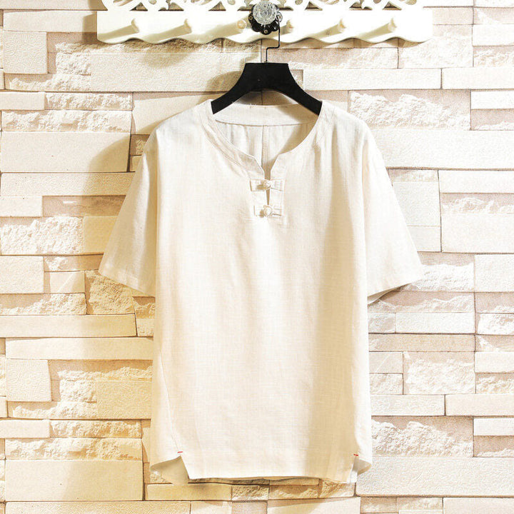 Buddha Stones Summer Chinese Frog-button Men's Solid Color Button Short Sleeve Cotton Linen Shirt