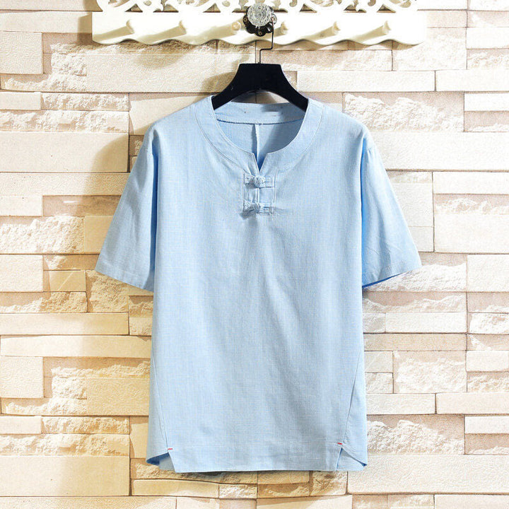 Buddha Stones Summer Chinese Frog-button Men's Solid Color Button Short Sleeve Cotton Linen Shirt - LightSkyBlue - US/UK/AU46，EU56 (5XL) - image 0