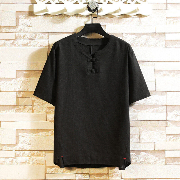 Buddha Stones Summer Chinese Frog-button Men's Solid Color Button Short Sleeve Cotton Linen Shirt